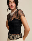 Floral Mesh Ruched Short Sleeve