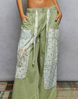 Floral Embroidered Buckle Back Detail Denim Woven Pants