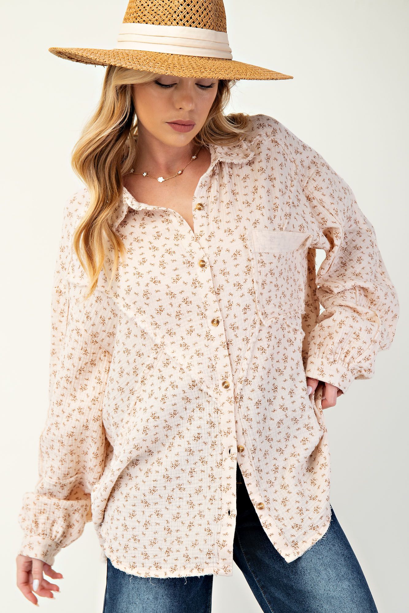 Floral Print Gauze Button Down