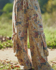 FLOWER PRINTED DENIM WAIST DROPPED POCKETS PANT