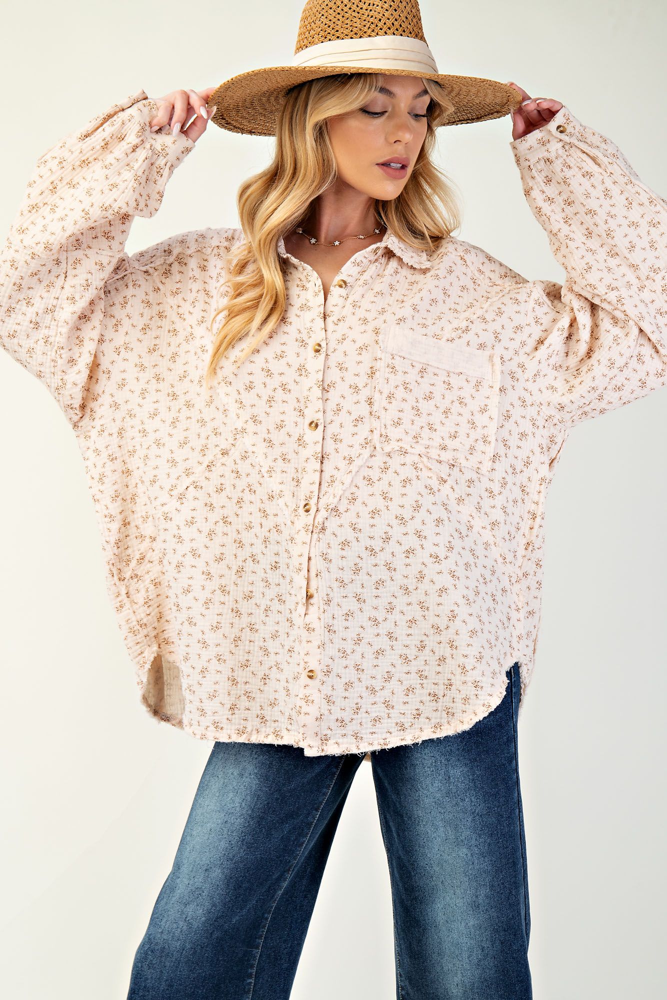 Floral Print Gauze Button Down
