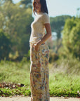 FLOWER PRINTED DENIM WAIST DROPPED POCKETS PANT