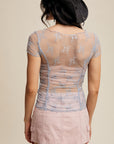 Floral Mesh Ruched Short Sleeve