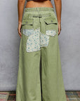 Floral Embroidered Buckle Back Detail Denim Woven Pants