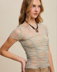 Floral Mesh Ruched Short Sleeve