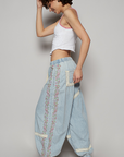 Denim Floral Embroidery Boho Joggers