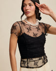 Floral Mesh Ruched Short Sleeve