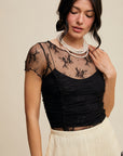 Floral Mesh Ruched Short Sleeve
