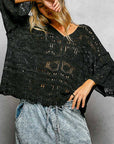Open Knit V-Neck Oversized Short Sleeve Sweater Top