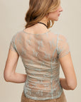 Floral Mesh Ruched Short Sleeve