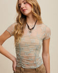 Floral Mesh Ruched Short Sleeve
