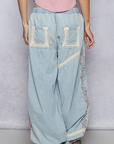 Denim Floral Embroidery Boho Joggers