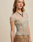 Floral Mesh Ruched Short Sleeve