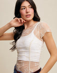 Floral Mesh Ruched Short Sleeve