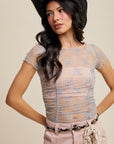 Floral Mesh Ruched Short Sleeve