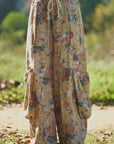 FLOWER PRINTED DENIM WAIST DROPPED POCKETS PANT
