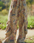FLOWER PRINTED DENIM WAIST DROPPED POCKETS PANT