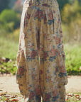 FLOWER PRINTED DENIM WAIST DROPPED POCKETS PANT
