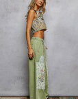 Floral Embroidered Buckle Back Detail Denim Woven Pants