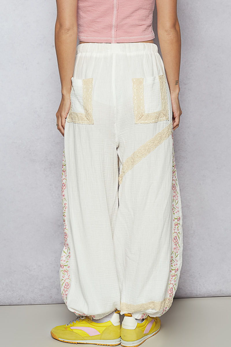 Floral Embroidery Boho Joggers