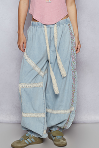 Denim Floral Embroidery Boho Joggers