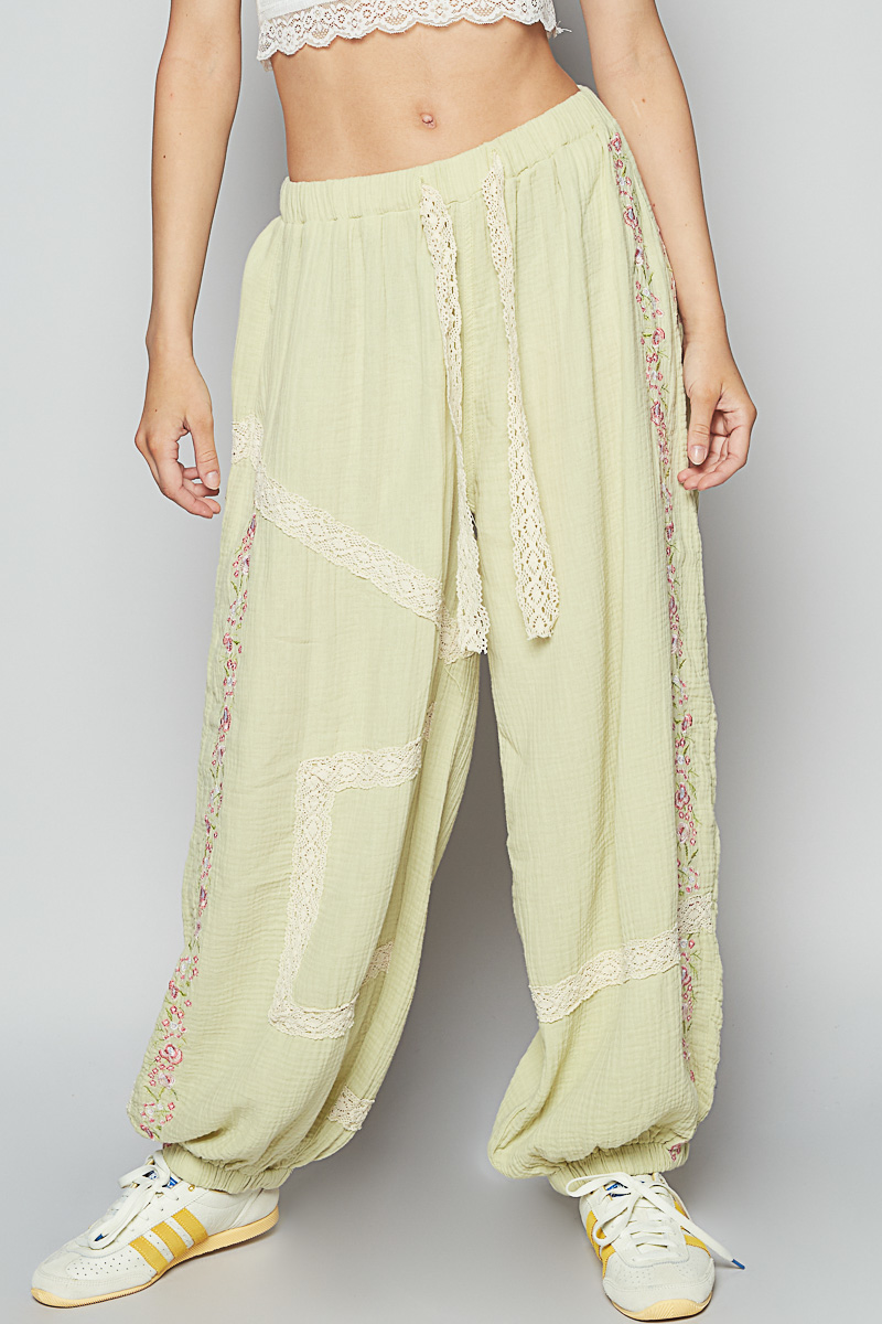 Floral Embroidery Boho Joggers