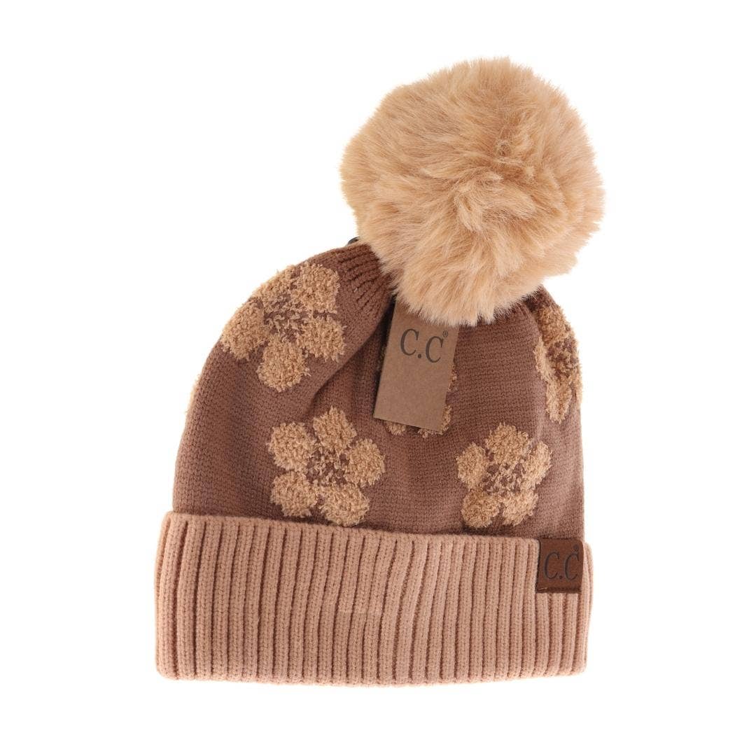 Daisy Patterned Faux Fur Beanie