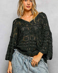 Open Knit V-Neck Oversized Short Sleeve Sweater Top