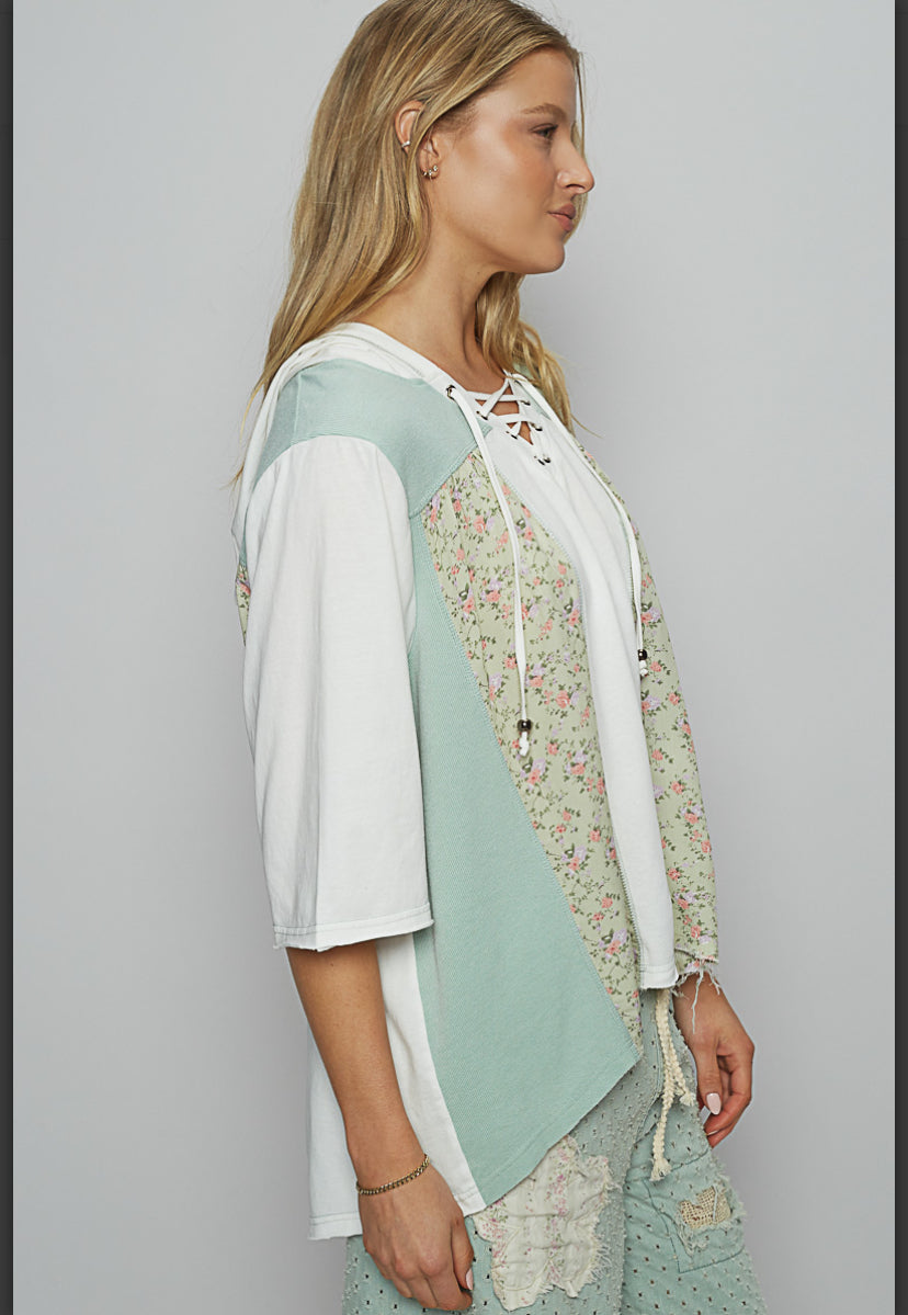 Floral Lace up Hoodie Top