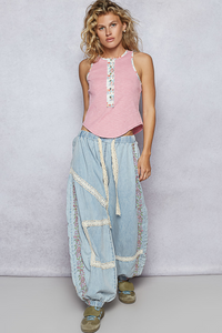 Denim Floral Embroidery Boho Joggers