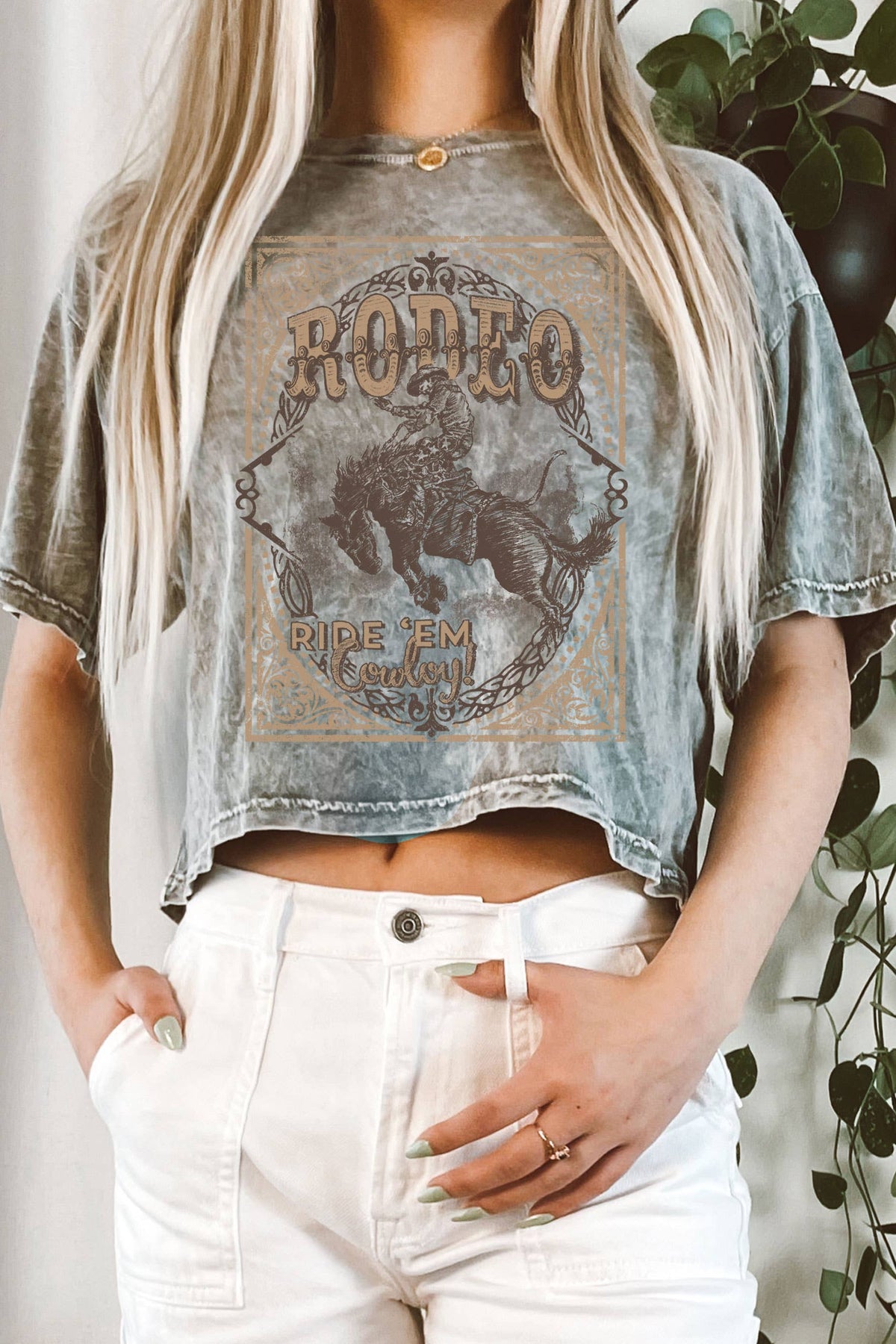 RODEO COWBOY HAND DRAWN GRAPHIC MINERAL LONG CROP TOP