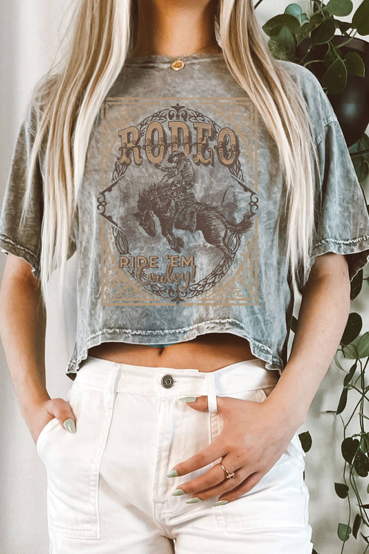 RODEO COWBOY HAND DRAWN GRAPHIC MINERAL LONG CROP TOP