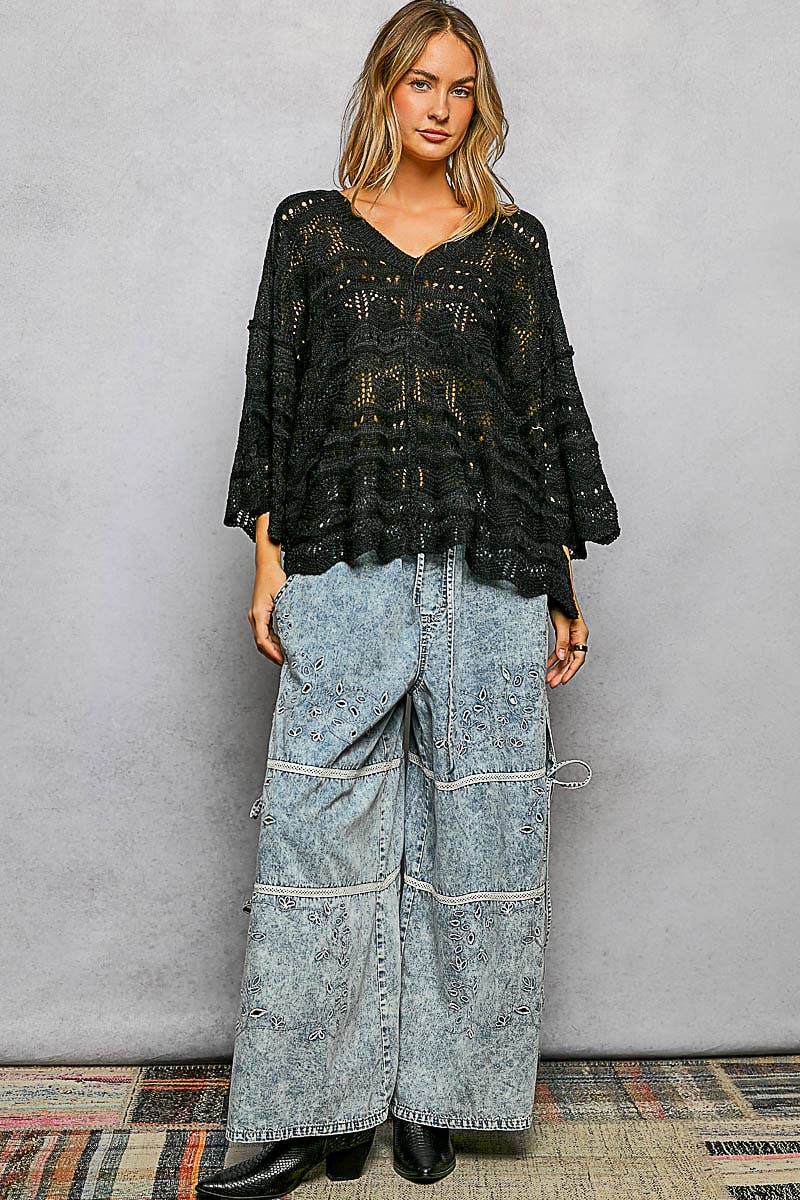 Open Knit V-Neck Oversized Short Sleeve Sweater Top