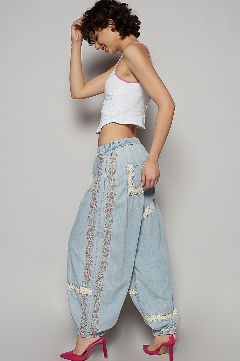 Denim Floral Embroidery Boho Joggers