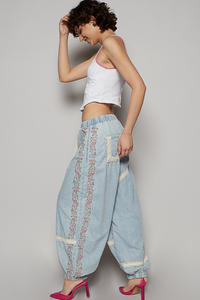 Denim Floral Embroidery Boho Joggers