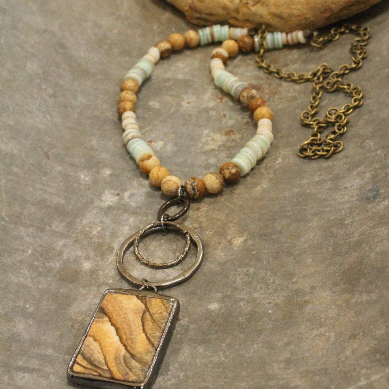 Bohemian Stone &amp; Link Drop Necklace
