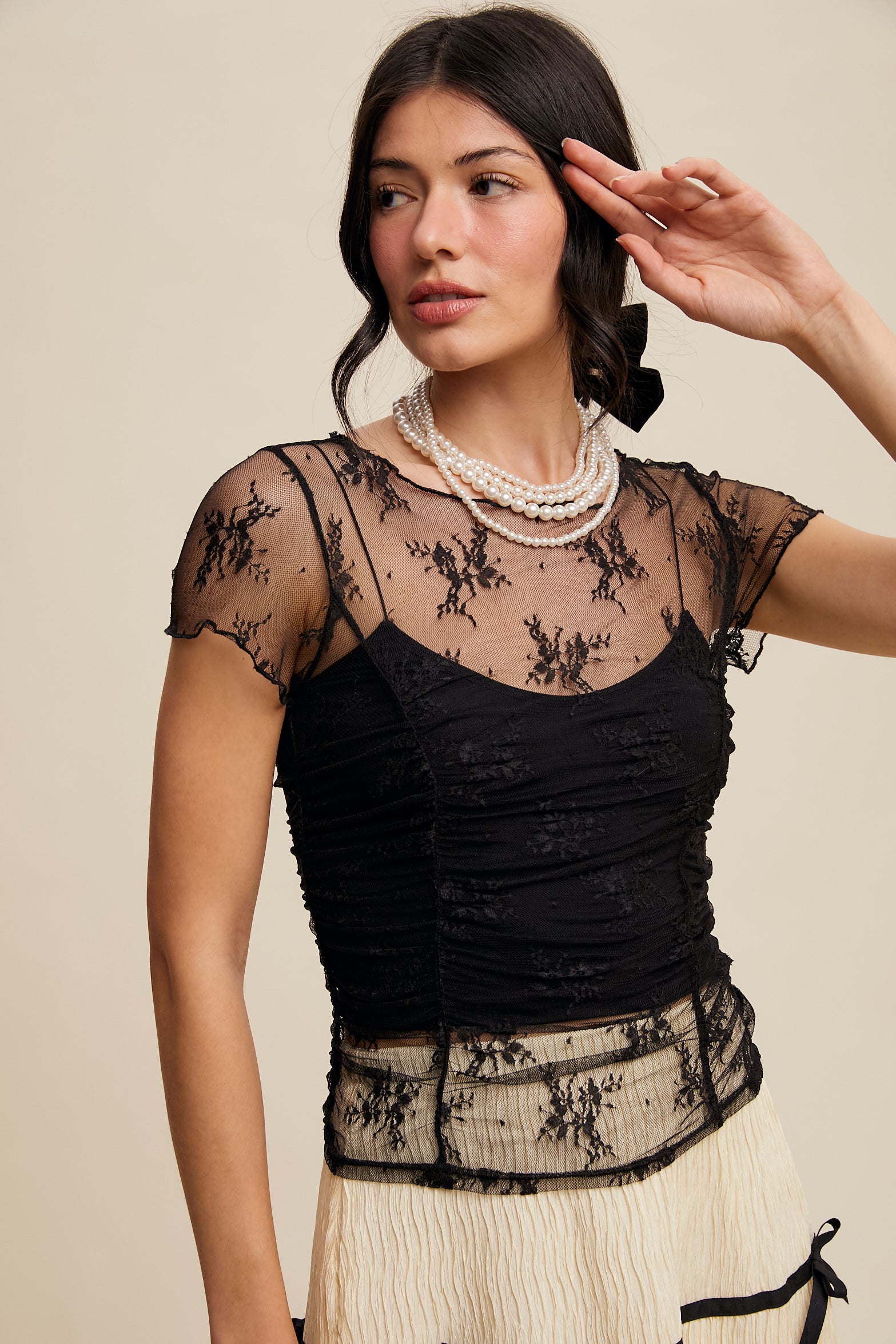 Floral Mesh Ruched Short Sleeve