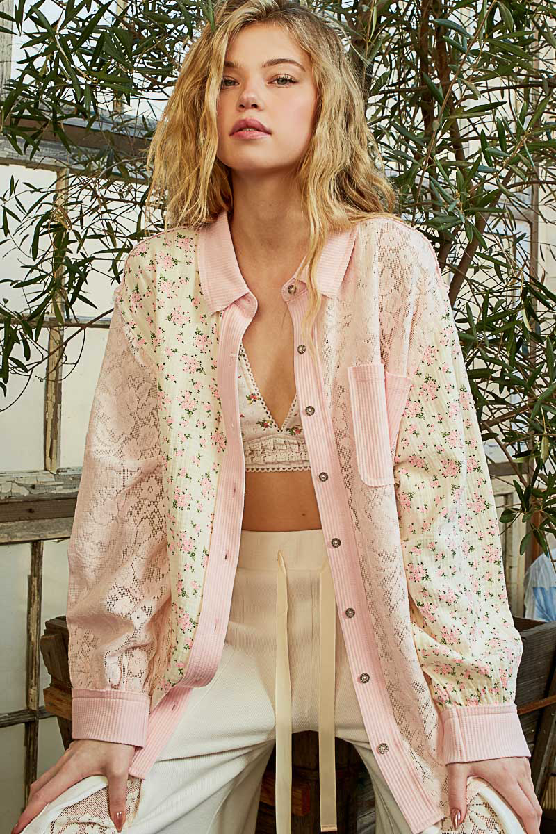 Lace Floral Gauze Button Down