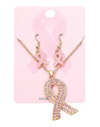 Rhinestone Pink Ribbon Earring Necklace set