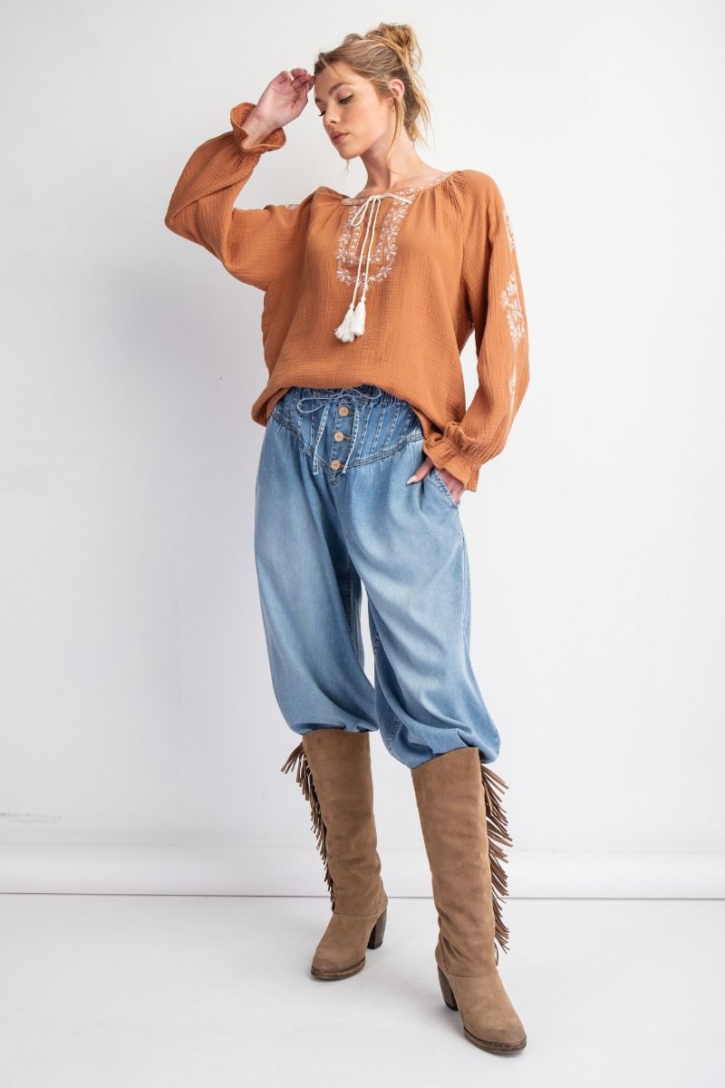 Pintuck Palazzo Denim Pants