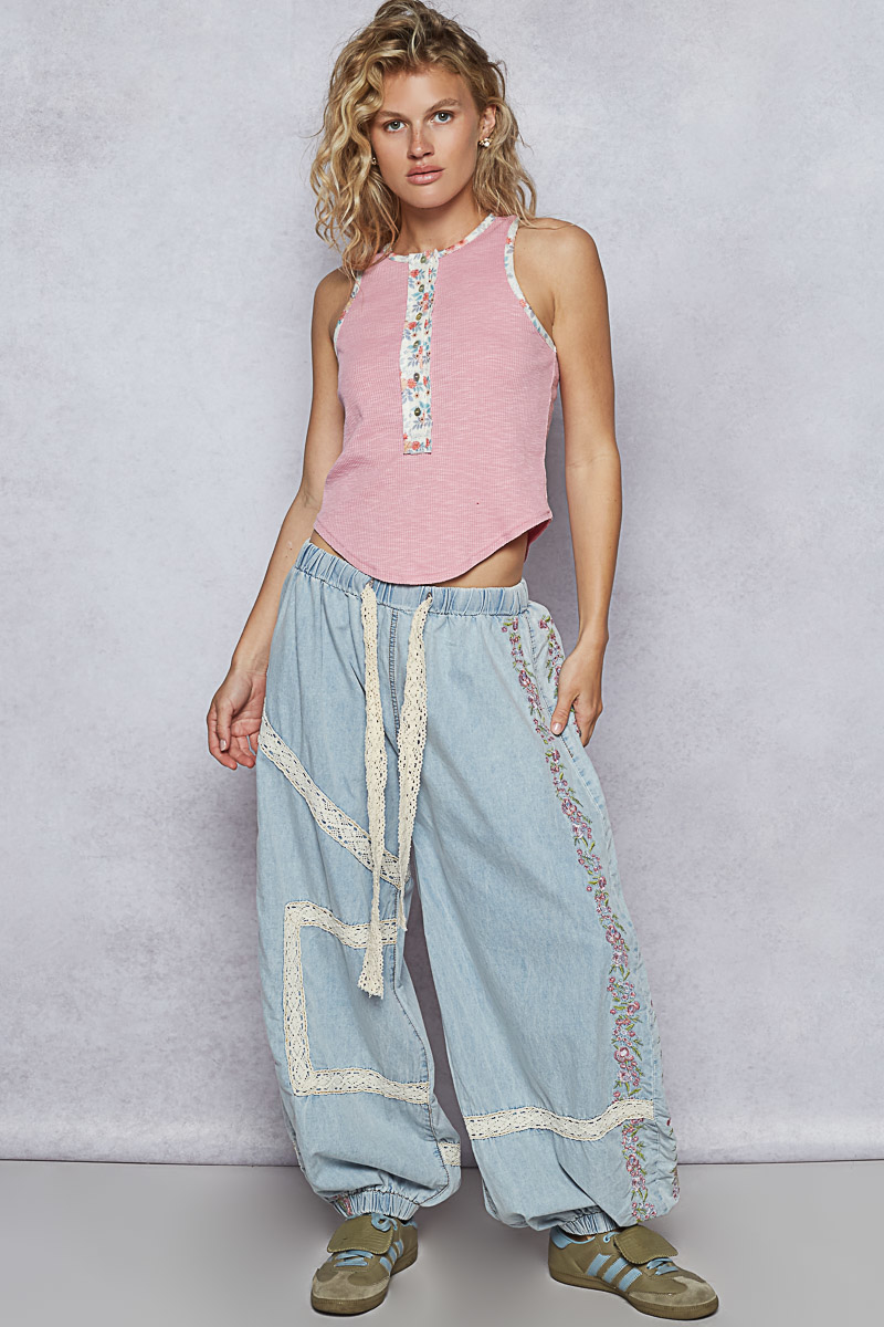 Denim Floral Embroidery Boho Joggers