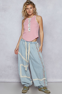 Denim Floral Embroidery Boho Joggers