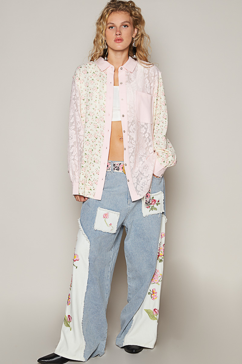 Lace Floral Gauze Button Down