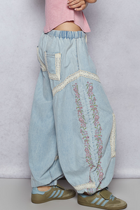 Denim Floral Embroidery Boho Joggers