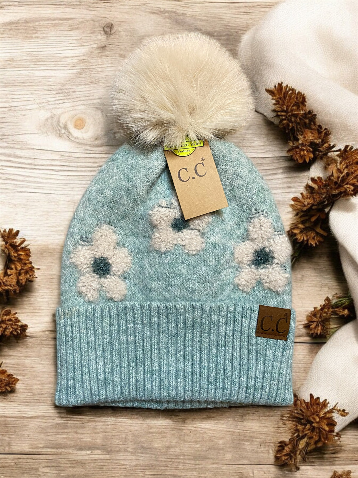 Daisy Contrast Faux Fur Pom Beanie