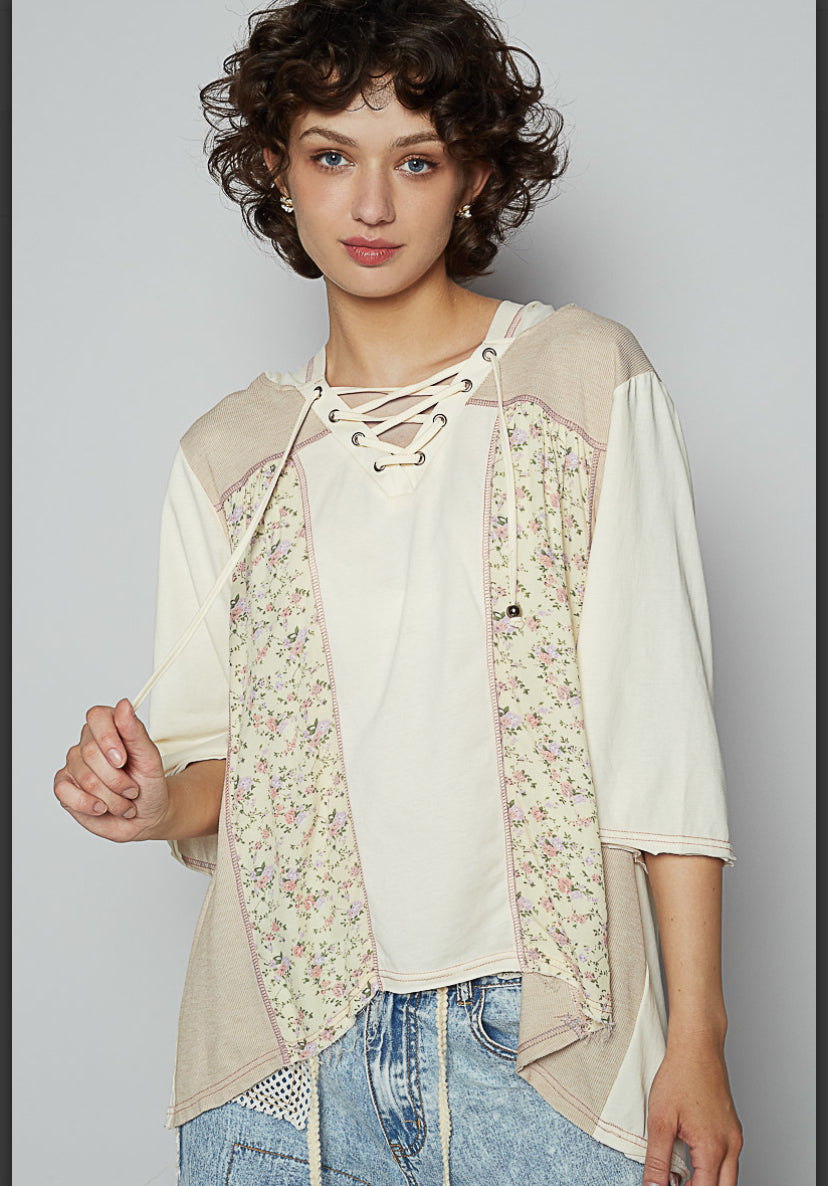 Floral Lace up Hoodie Top