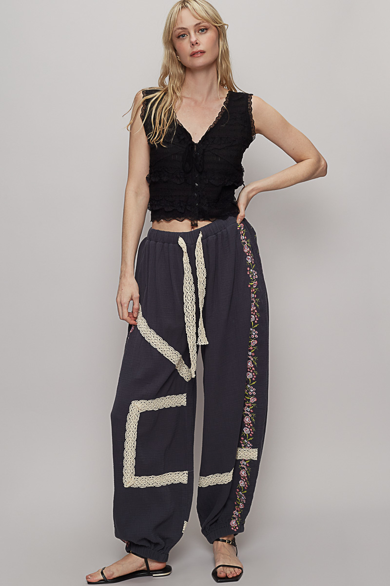 Floral Embroidery Boho Joggers