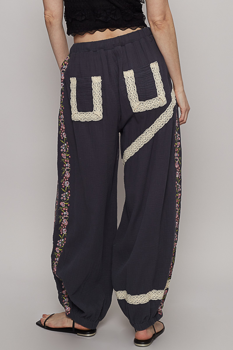 Floral Embroidery Boho Joggers