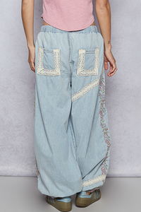 Denim Floral Embroidery Boho Joggers