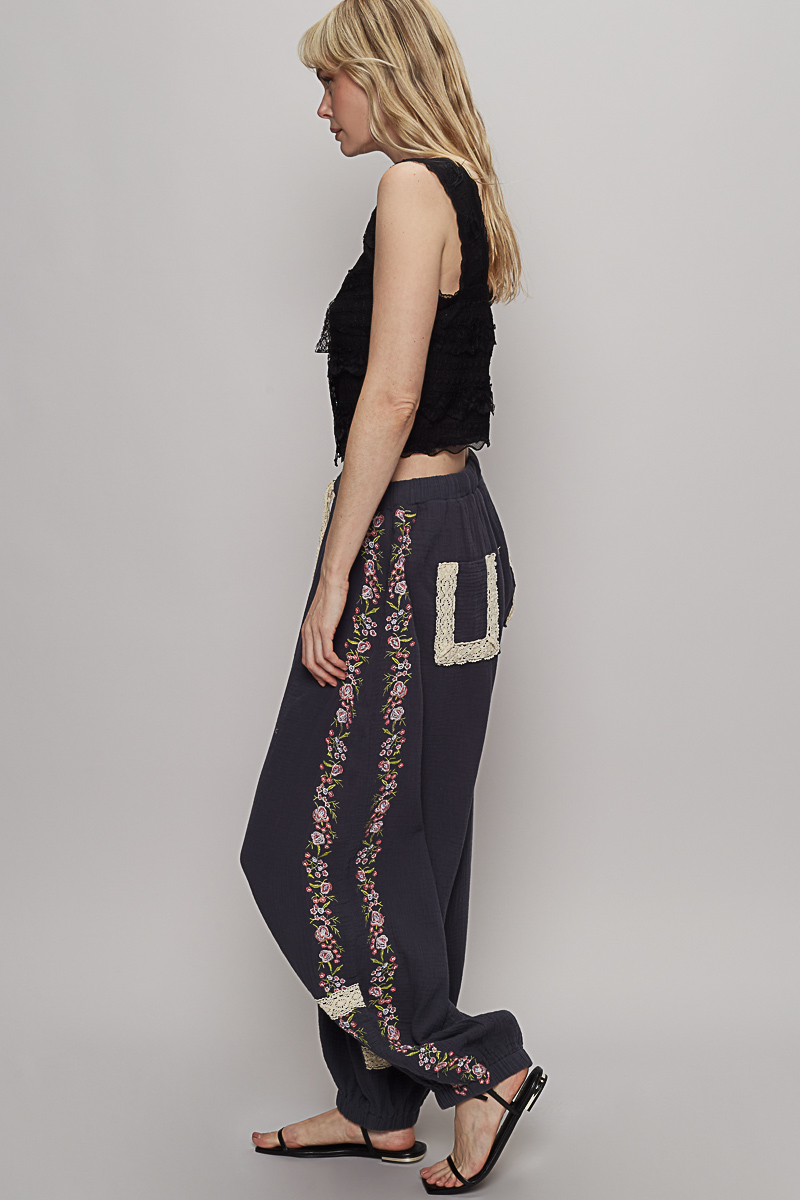 Floral Embroidery Boho Joggers